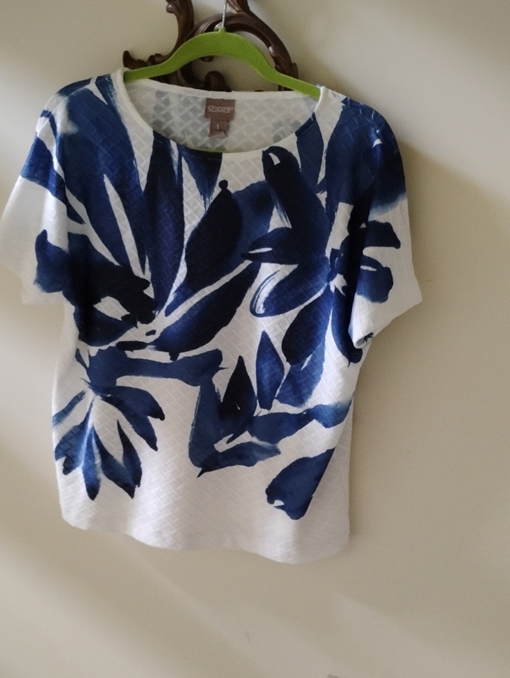 Chico's White Top with Navy Blue Floral Print